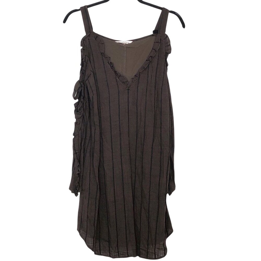 BCBGGeneration Brown Striped V-neck Ruffle Cold-Shoulder Dress S